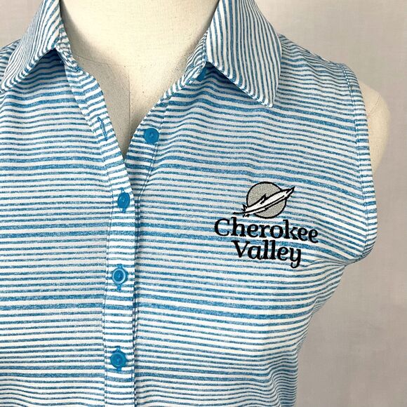 Under Armour Sleeveless Golf Polo Cherokee Valley Logo Turquoise Stripe Sz Small - Picture 2 of 4